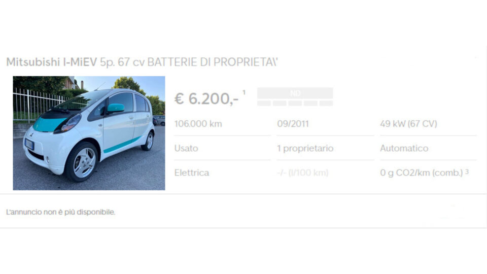 L'annuncio della Mitsubishi MiEV, acquistata on line durante la pandemia