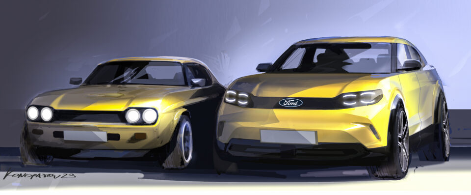 Lo sketch della nuova Ford Capri a confronto con il modello storico