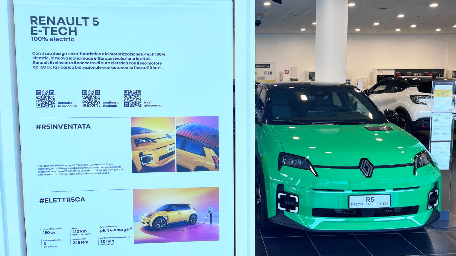 La Renault R5 e-tech ed il suo pannello informativo